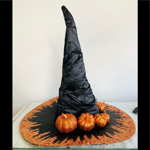 Artisan black pumpkin patch Witch hat Orange sparkles 18" high One of - Picture 6 of 15